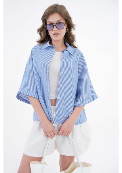 Mavi Çizgili Oversize Dokuma Basic Gömlek
