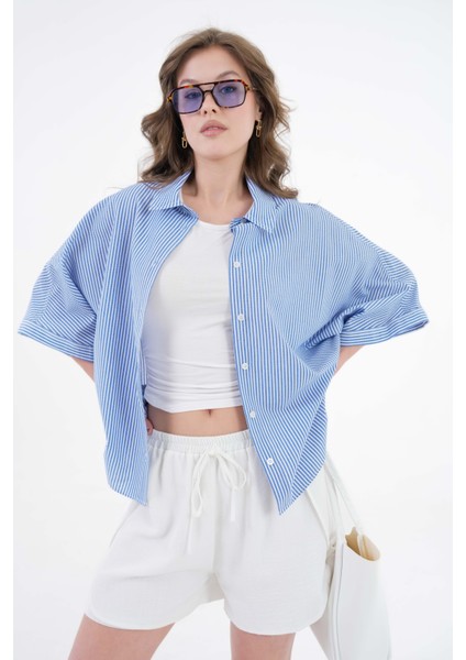 Mavi Çizgili Oversize Dokuma Basic Gömlek