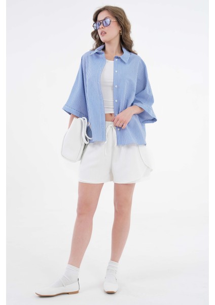Mavi Çizgili Oversize Dokuma Basic Gömlek