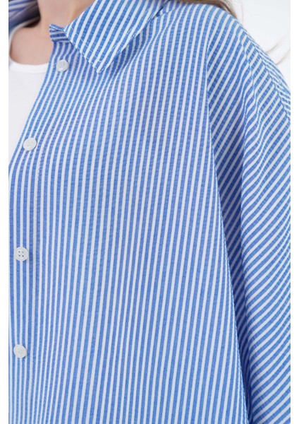 Mavi Çizgili Oversize Dokuma Basic Gömlek