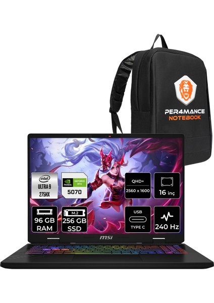 Crosshair 16 Hx Aı Intel Core Ultra 9 275HX 96GB 256GB SSD RTX5070/8GB 115W 16" Qhd+ 240Hz Fdos Taşınabilir Bilgisayar & Per4 Çanta D2XWGKG047XTRP336