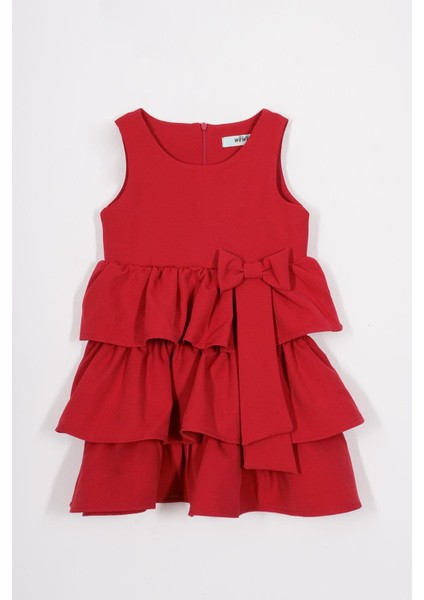 Bisiklet Yaka Kurdele Detaylı Eteği Fırfırlı Sıfır Kol Kırmızı Renk Kız Çocuk Elbise