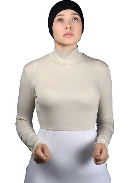 Uzun Kol Balıkçı Yaka Boğazlı Likralı Penye Kadın Yarım Body - Krem