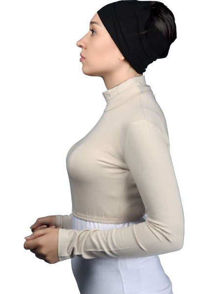 Uzun Kol Balıkçı Yaka Boğazlı Likralı Penye Kadın Yarım Body - Krem modelleri