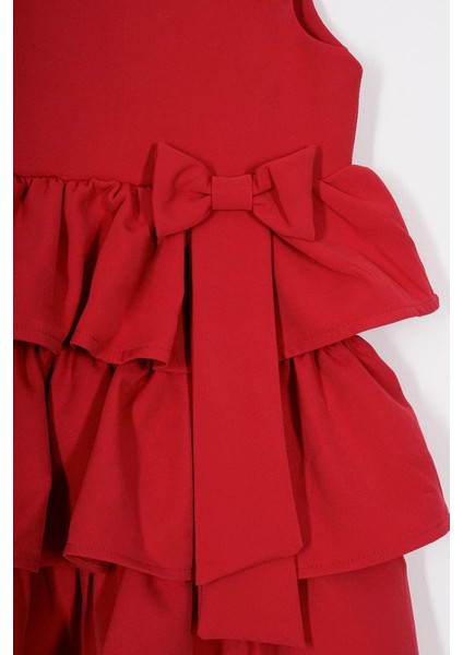 Bisiklet Yaka Kurdele Detaylı Eteği Fırfırlı Sıfır Kol Kırmızı Renk Kız Çocuk Elbise modelleri
