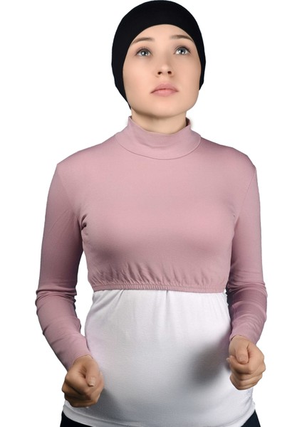 Uzun Kol Balıkçı Yaka Boğazlı Likralı Penye Kadın Yarım Body - Koyu Pembe