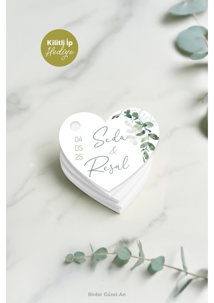 Düğün, Kına Gecesi, Nişan, Söz Vb. Hediyelik Kalpli Etiket (4x3,5 cm - 100 Adet) - Kilitli Ip Hediyeli