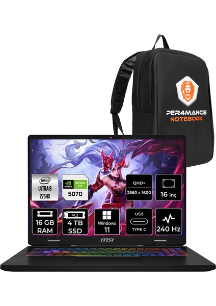 Msı Crosshair 16 Hx Aı Intel Core Ultra 9 275HX 16GB 4tb SSD RTX5070/8GB 115W 16" Qhd+ 240Hz W11H Taşınabilir Bilgisayar & Per4 Çanta D2XWGKG047XTRP350
