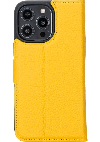 Apple iPhone 16 Pro Max Uyumlu, Hakiki Deri, El Yapımı, Cüzdanlı Kılıf, Sarı