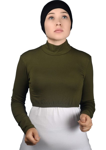Uzun Kol Balıkçı Yaka Boğazlı Likralı Penye Kadın Yarım Body - Haki