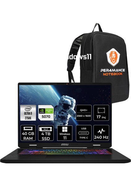 Crosshair 17 Hx Aı Intel Core Ultra 9 275HX 40GB 4tb SSD RTX5070/8GB 115W 17" Qhd+ 240Hz W11P Taşınabilir Bilgisayar & Per4 Çanta D2XWGKG017TRP405