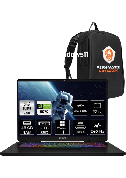 Crosshair 17 Hx Aı Intel Core Ultra 9 275HX 48GB 2tb SSD RTX5070/8GB 115W 17" Qhd+ 240Hz W11P Taşınabilir Bilgisayar & Per4 Çanta D2XWGKG017TRP409