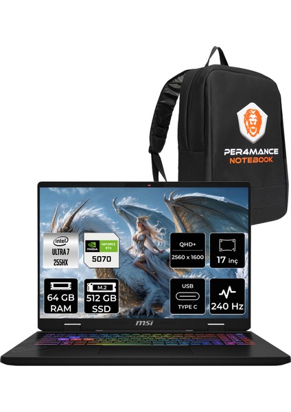 Crosshair 17 Hx Aı Intel Core Ultra 7 255HX 64GB 512GB SSD RTX5070/8GB 115W 17" Qhd+ 240Hz Fdos Taşınabilir Bilgisayar & Per4 Çanta D2XWGKG018XTRP332