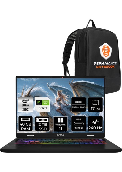 Crosshair 17 Hx Aı Intel Core Ultra 7 255HX 40GB 2tb SSD RTX5070/8GB 115W 17" Qhd+ 240Hz W11P Taşınabilir Bilgisayar & Per4 Çanta D2XWGKG018XTRP404