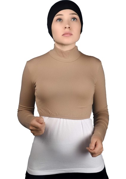Uzun Kol Balıkçı Yaka Boğazlı Likralı Penye Kadın Yarım Body - Koyu Bej