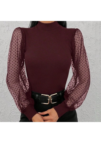 Kadın Uzun Kollu Tül Detaylı Yarım Balıkçı Yaka Kaşkorse Bluz