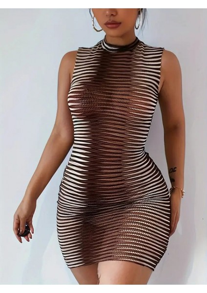 Kadın Sıfır Kol Desenli Mini Bodycon Dalgıç Elbise