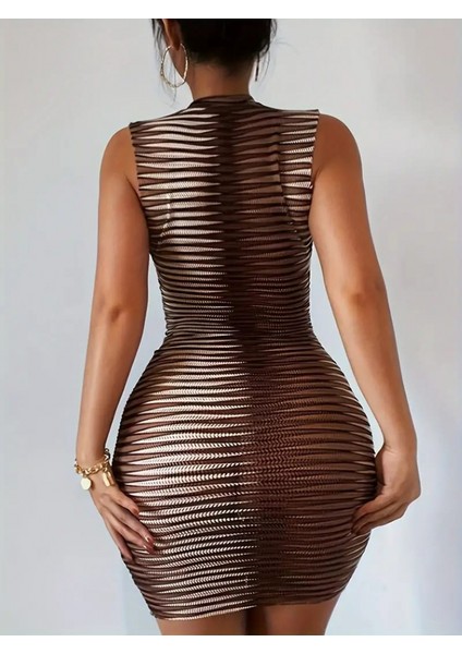 Kadın Sıfır Kol Desenli Mini Bodycon Dalgıç Elbise