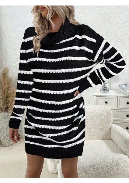 Kadın Uzun Kollu Degaje Yaka Çizgili Sonya Iplik Mini Boy Triko Elbise (Kemersiz) modelleri