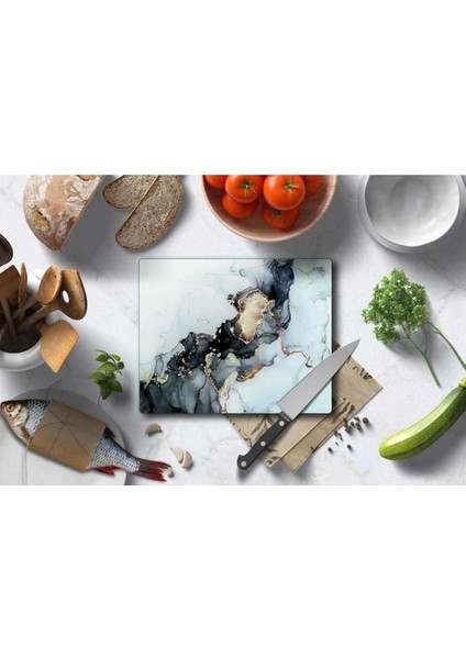 30X40 cm Cam Kesme Tahtası Siyah Yaldızlı Mermer