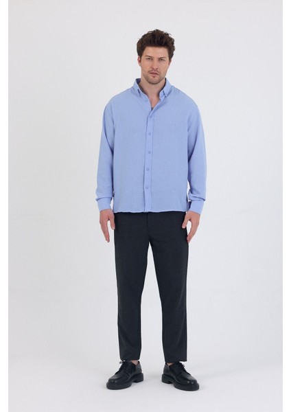 Yazlık Keten Dokulu Uzun Kollu Mavi Renk Erkek Gömlek fiyatları