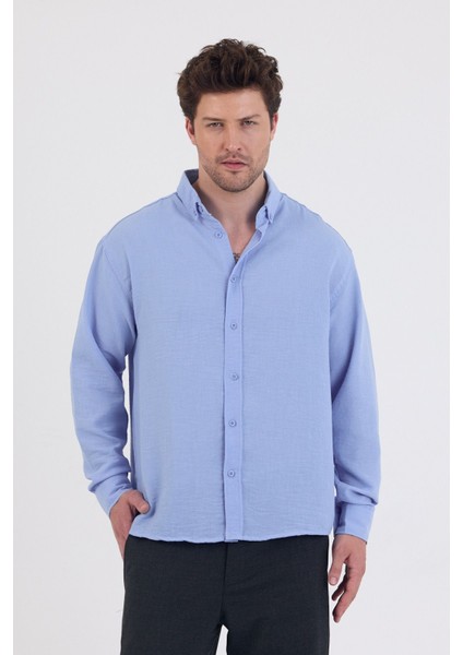 Yazlık Keten Dokulu Uzun Kollu Mavi Renk Erkek Gömlek modelleri