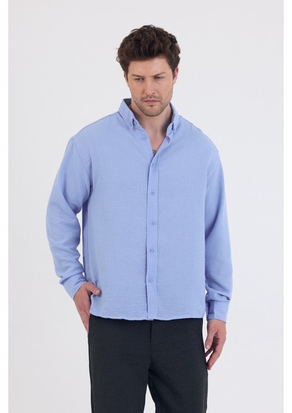Yazlık Keten Dokulu Uzun Kollu Mavi Renk Erkek Gömlek fırsatları