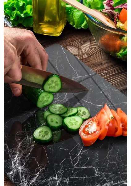 Cam Kesme Tahtası ve Sunumluk Siyah Taş Desenli Kesim Tablası 20 x 30 cm modelleri