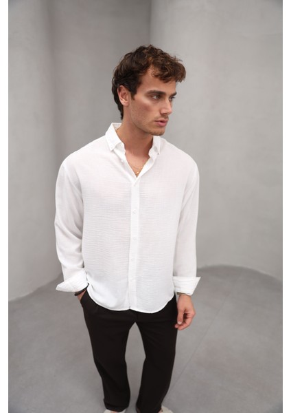 Yazlık Keten Dokulu Uzun Kollu Beyaz Renk Erkek Gömlek modelleri