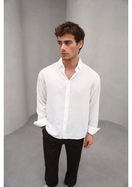 Yazlık Keten Dokulu Uzun Kollu Beyaz Renk Erkek Gömlek fırsatları
