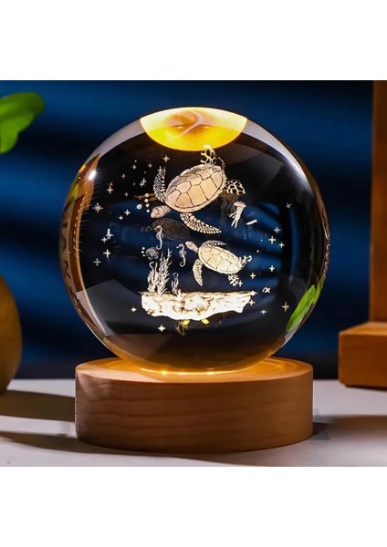 Kişiye Özel Işıklı Ahşap Kaideli Kaplumbağa Temalı Cam Küre 8*6cm