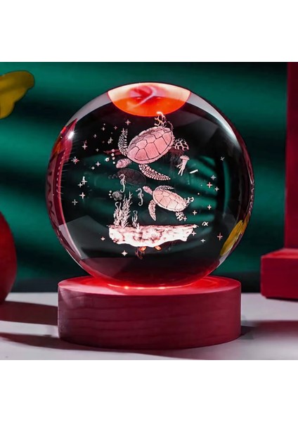 Kişiye Özel Işıklı Ahşap Kaideli Kaplumbağa Temalı Cam Küre 8*6cm