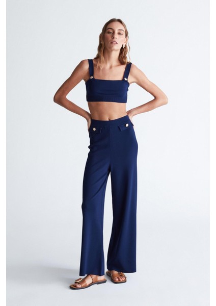 Styleboom x Peraluna Marlene Trouser Düğme Detaylı Rahat Kesim Kadın Triko Pantolon - Lacivert