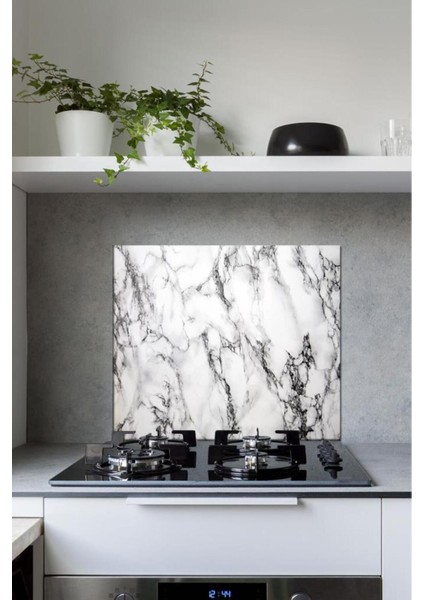 60 x 70 cm Beyaz Mermer Desenli Cam Ocak Koruyucu