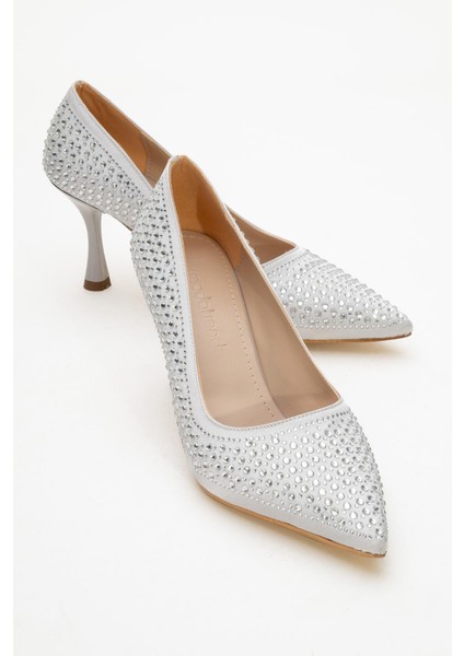 Taşlı Sivri Burunlu Stiletto Kadın Topuklu Ayakkabı Gümüş Saten