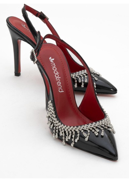 Saçak Taşlı Açık Kadın Stiletto Ayakkabı Siyah Rugan