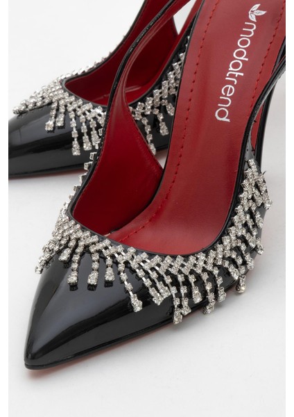 Saçak Taşlı Açık Kadın Stiletto Ayakkabı Siyah Rugan