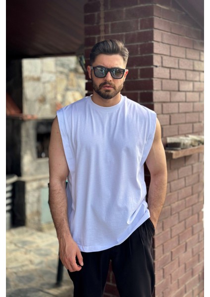 Erkek Beyaz Basketci Sıfır Kol Bisiklet Yaka Oversıze Kolsuz Kejıl T-Shirt