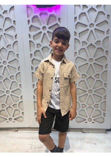 Müslin Gömlek Kısa Kollu Tişört ve Siyah Kot Şort 3'lü Alt Üst Erkek Takım