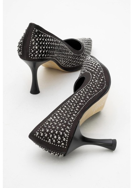 Taşlı Sivri Burunlu Stiletto Kadın Topuklu Ayakkabı Siyah Saten