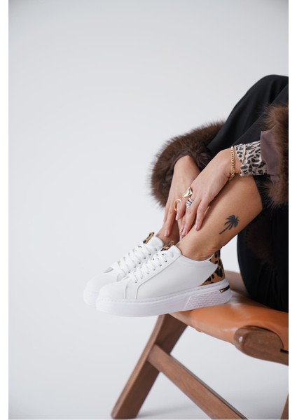 Vega Premium Leopar Detaylı Beyaz Kadın Sneaker