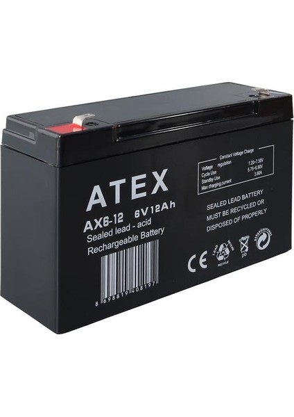 Atex Ax6-12 6 Volt - 12 Amper Kuru Akülü Oyuncak Araba Aküsü Bakımsız (150 x 50 x 94 Mm)