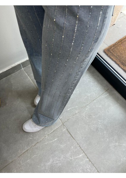 Şerit Taşlı Bol Paça Pantolon Mavi 8000 fiyatları