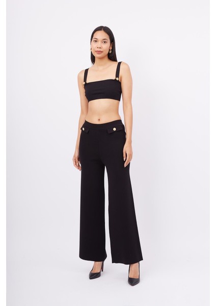 Styleboom x Peraluna Marlene Trouser Düğme Detaylı Rahat Kesim Kadın Triko Pantolon - Siyah