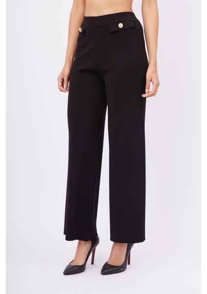 Styleboom x Peraluna Marlene Trouser Düğme Detaylı Rahat Kesim Kadın Triko Pantolon - Siyah