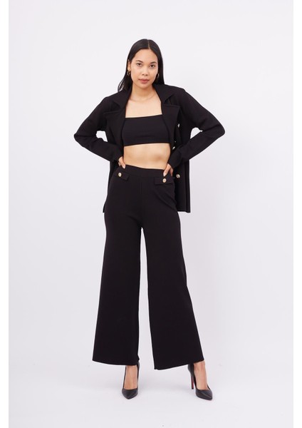 Styleboom x Peraluna Marlene Trouser Düğme Detaylı Rahat Kesim Kadın Triko Pantolon - Siyah