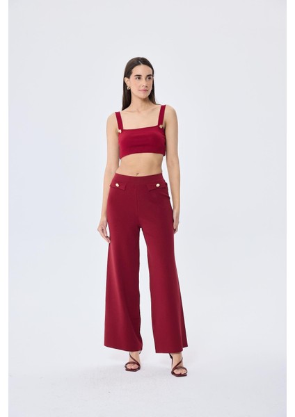Styleboom x Peraluna Marlene Trouser Düğme Detaylı Rahat Kesim Kadın Triko Pantolon - Bordo