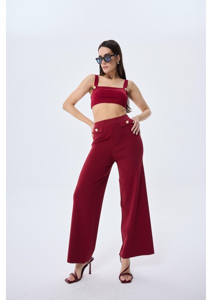 Styleboom x Peraluna Marlene Trouser Düğme Detaylı Rahat Kesim Kadın Triko Pantolon - Bordo