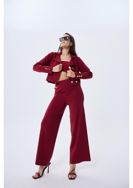 Styleboom x Peraluna Marlene Trouser Düğme Detaylı Rahat Kesim Kadın Triko Pantolon - Bordo
