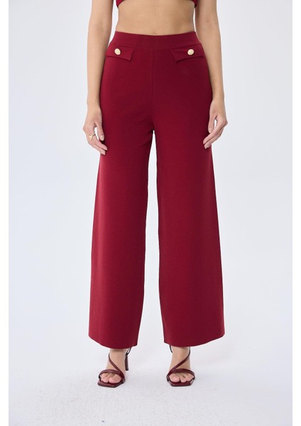 Styleboom x Peraluna Marlene Trouser Düğme Detaylı Rahat Kesim Kadın Triko Pantolon - Bordo